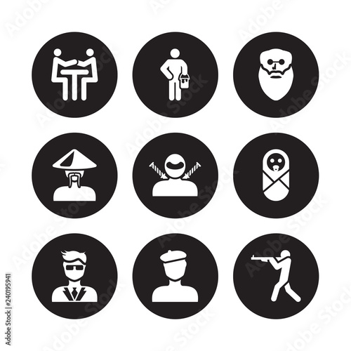 9 vector icon set : People Trading, Painter with Paint Bucket, Manager face, Newborn, Ninja Oldman Old chinese man, Man beret isolated on black background