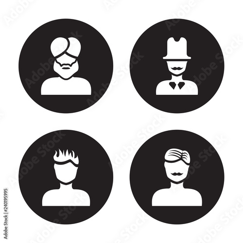 4 vector icon set : Man face with turban and beard, spiky hair, top hat, moustache isolated on black background