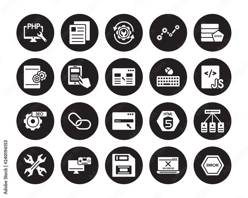 20 vector icon set : Php, Error 404, Floppy disk, Game development,  Hardware, Mysql, Keyboard and mouse, Http, Image SEO, Mobile app,  Optimization isolated on black background Stock Vector | Adobe Stock