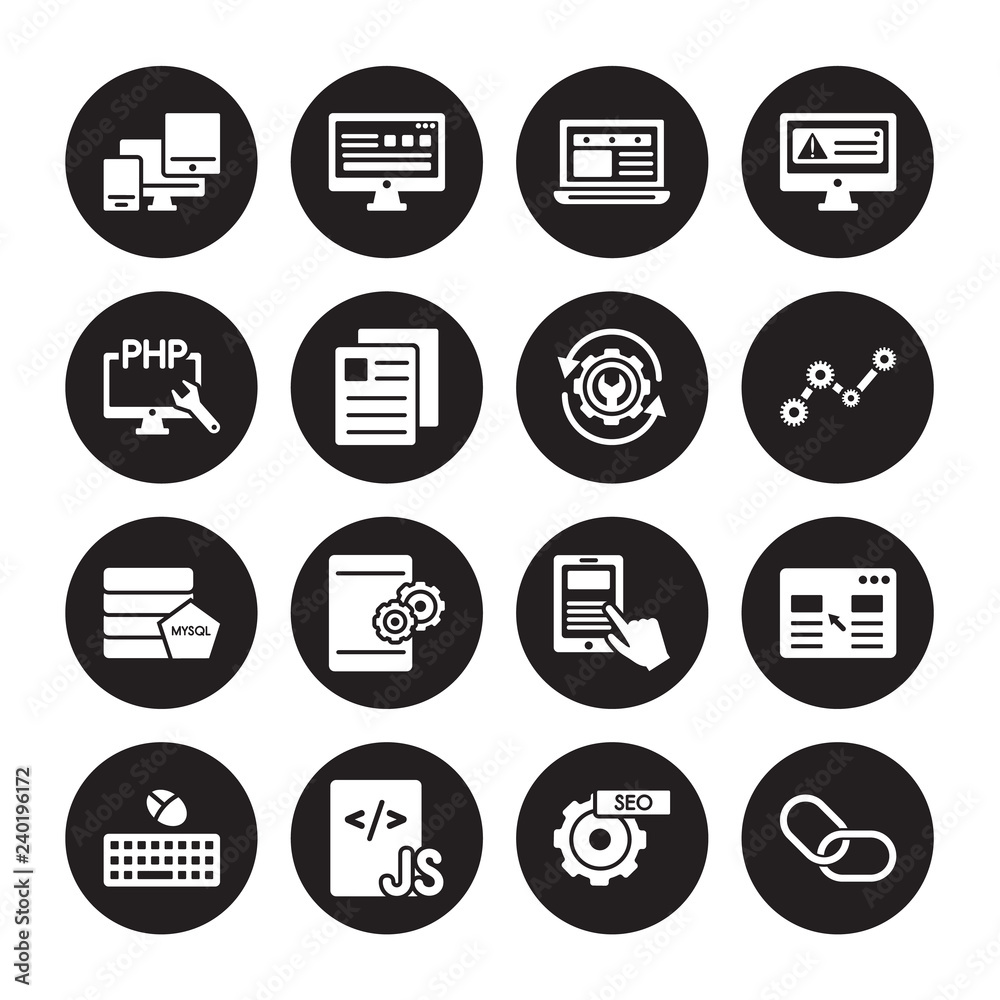16 vector icon set : Responsive, Image SEO, Js, Keyboard and mouse, Landing page, Hyperlink, Php, Mysql, Optimization isolated on black background