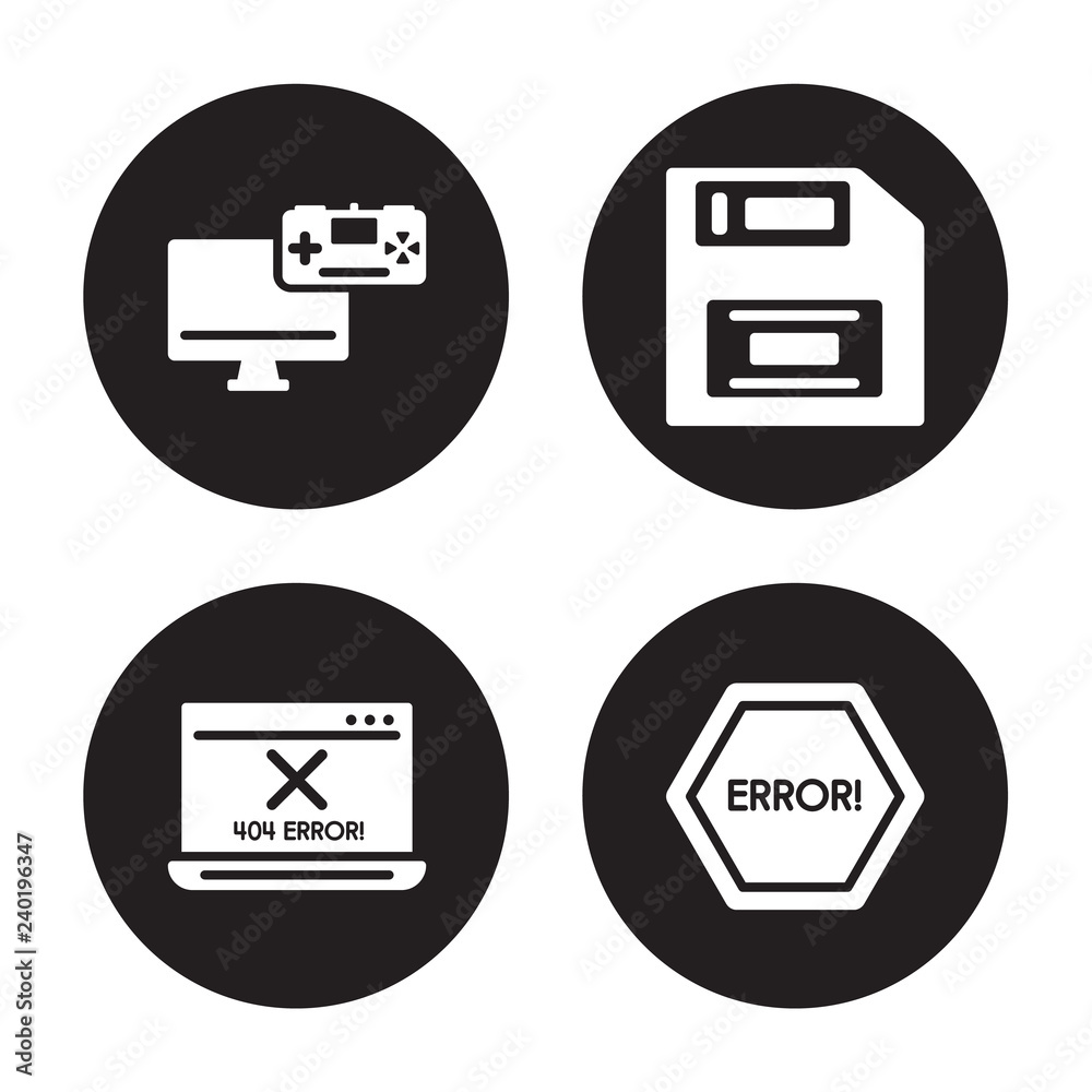 4 vector icon set : Game development, Error 404, Floppy disk, isolated on black background 4 vector icon set : Game development, Error 404, Floppy disk, isolated on black background