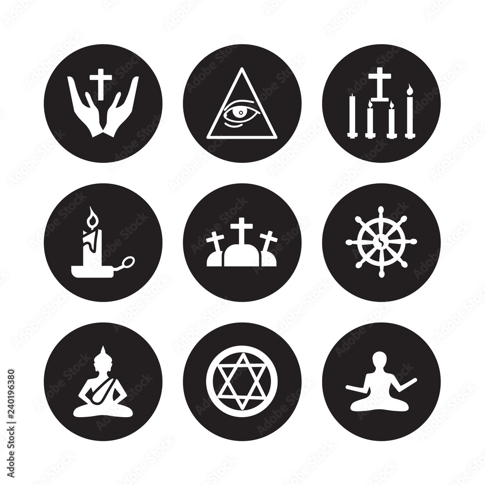 9 vector icon set : Christian, Cao dai, Buddha, Buddhism, Calvary, Candles, candle, blasphemy isolated on black background 9 vector icon set : Christian, Cao dai, Buddha, Buddhism, Calvary, Candles, candle, blasphemy isolated on black background