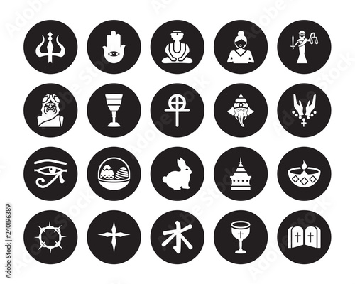 20 vector icon set : Hinduism, Communion, Confucianism, Cross, Crown of thorns, Goddess, Ganesha, Easter bunny, Eye ra, Goblet, Great buddha isolated on black background