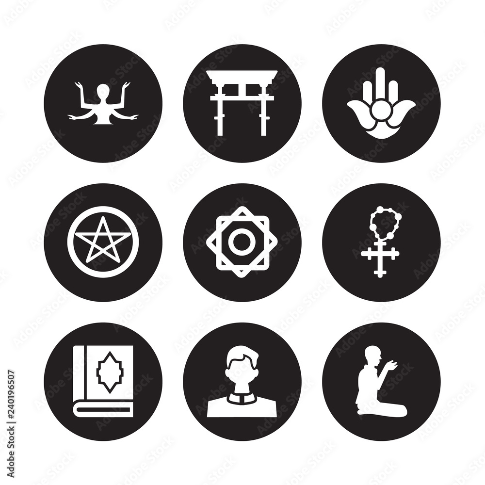 9 vector icon set : Shiva, Shinto, Quran, Rosary, Rub el Hizb, Semitic Neopaganism, Satanism, Priest isolated on black background