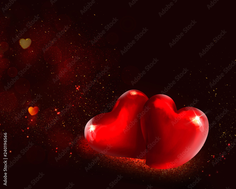 Fototapeta premium Two Glass Red Hearts on dark background. Valentine's Day Background.