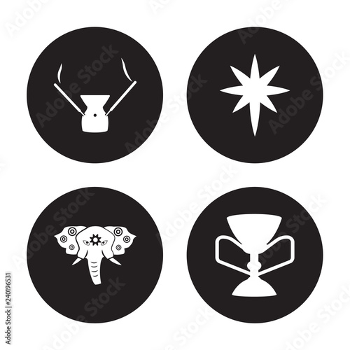 4 vector icon set : Incense, holy Elephant, Holy star, chalice isolated on black background