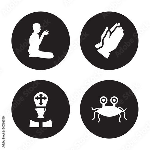 4 vector icon set : Prayer, Pope, Pray, Pastafarianism isolated on black background