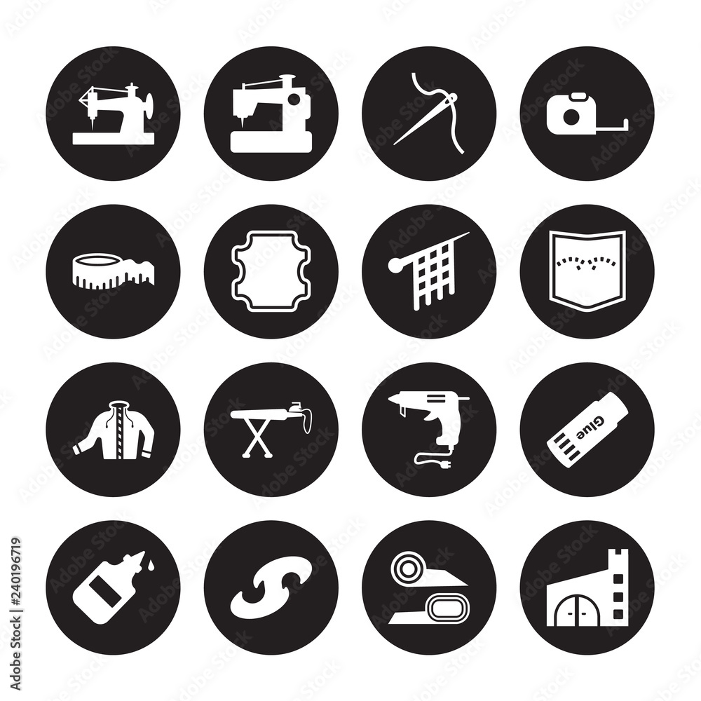 16 vector icon set : Old sewing machine, Fabrics, French curve, Glue, Glue stick, Fabric, Measurement, Jacket, Knit isolated on black background 16 vector icon set : Old sewing machine, Fabrics, French curve, Glue, Glue stick, Fabric, Measurement, Jacket, Knit isolated on black background