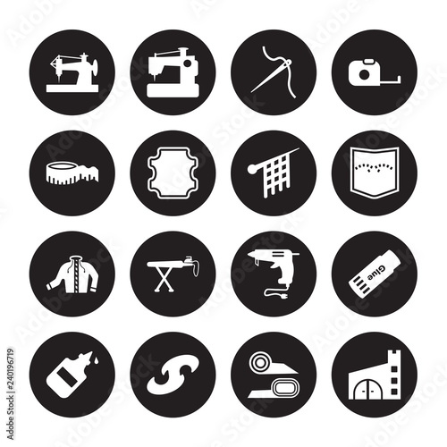 16 vector icon set : Old sewing machine, Fabrics, French curve, Glue, Glue stick, Fabric, Measurement, Jacket, Knit isolated on black background
