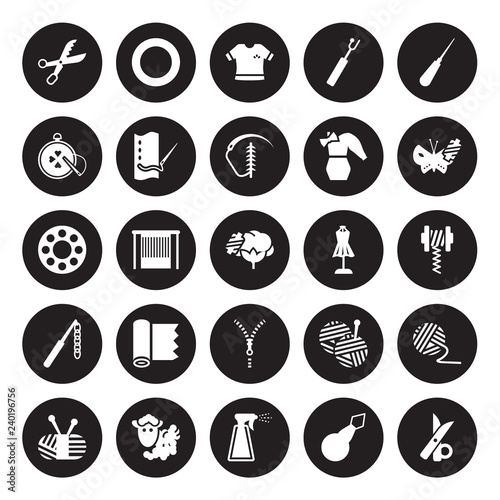 25 vector icon set : pinking shears, Threader, Water spray, Wool, Wool ball, silk, hand craft, Zipper, crochet hook, needlepoint, garment, grommet isolated on black background.