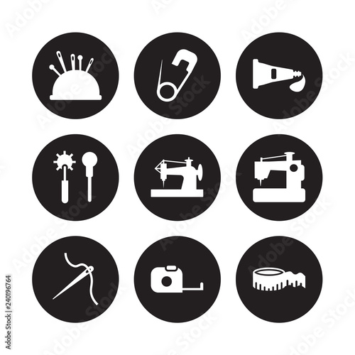 9 vector icon set : Pin cushion, Pin, Needle, New Sewing Machine, Old sewing machine, Paint tube, Overstitch, Measuring tape isolated on black background