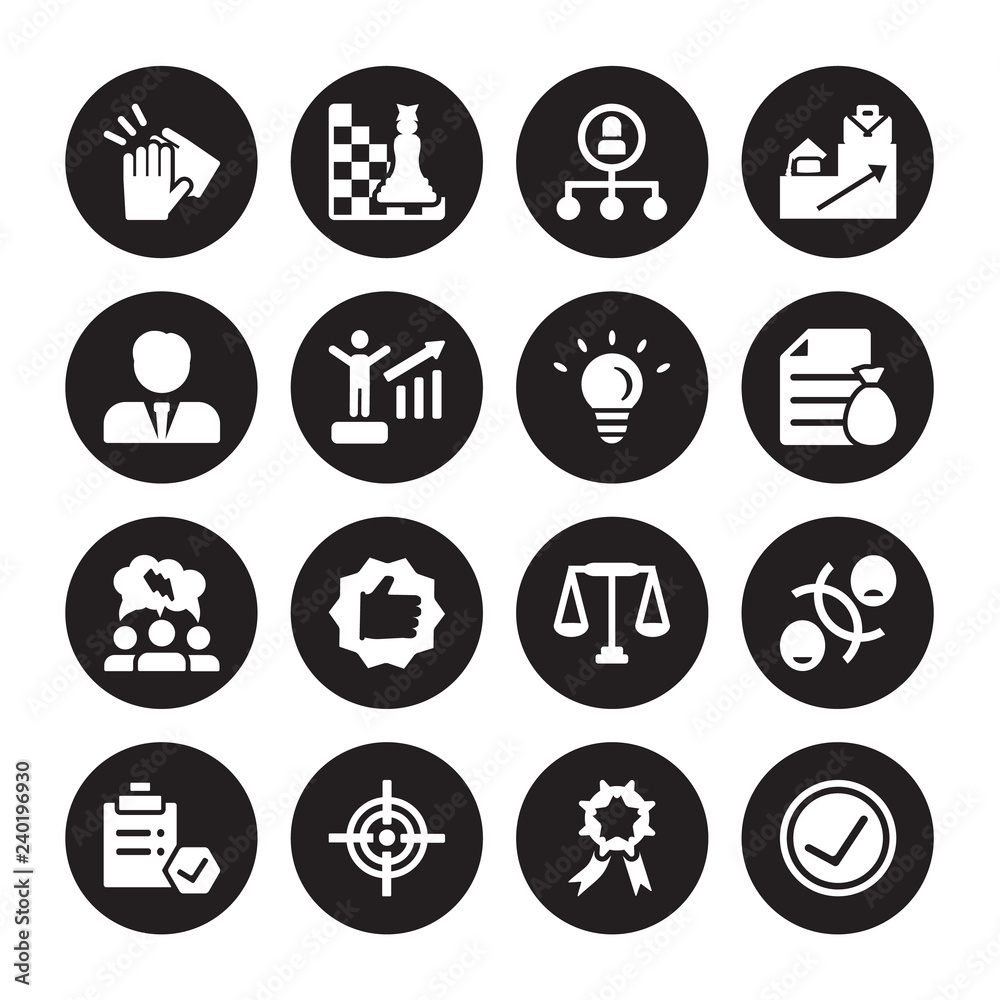 16 vector icon set : Clap, Achievement, Aim, Approval, Attitude, Accept, Businessman professional, Brainstorm, Bulb isolated on black background
