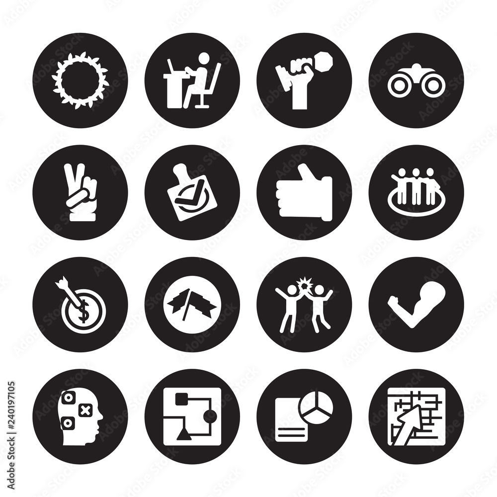 16 vector icon set : Wreath, strategy Management, Sketch, Strategy thought, Strength, in a labyrinth, Victory, Target, Thumb up isolated on black background