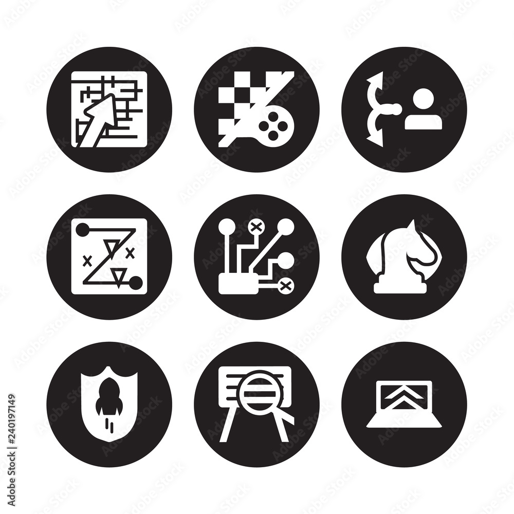 9 vector icon set : Strategy in a labyrinth, game, startup Shield, strategic Vision, Strategical planning, strategy Choice, Strategy, Project Search isolated on black background