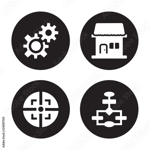 4 vector icon set : Gears, Focus, Franchise, Flowchart isolated on black background