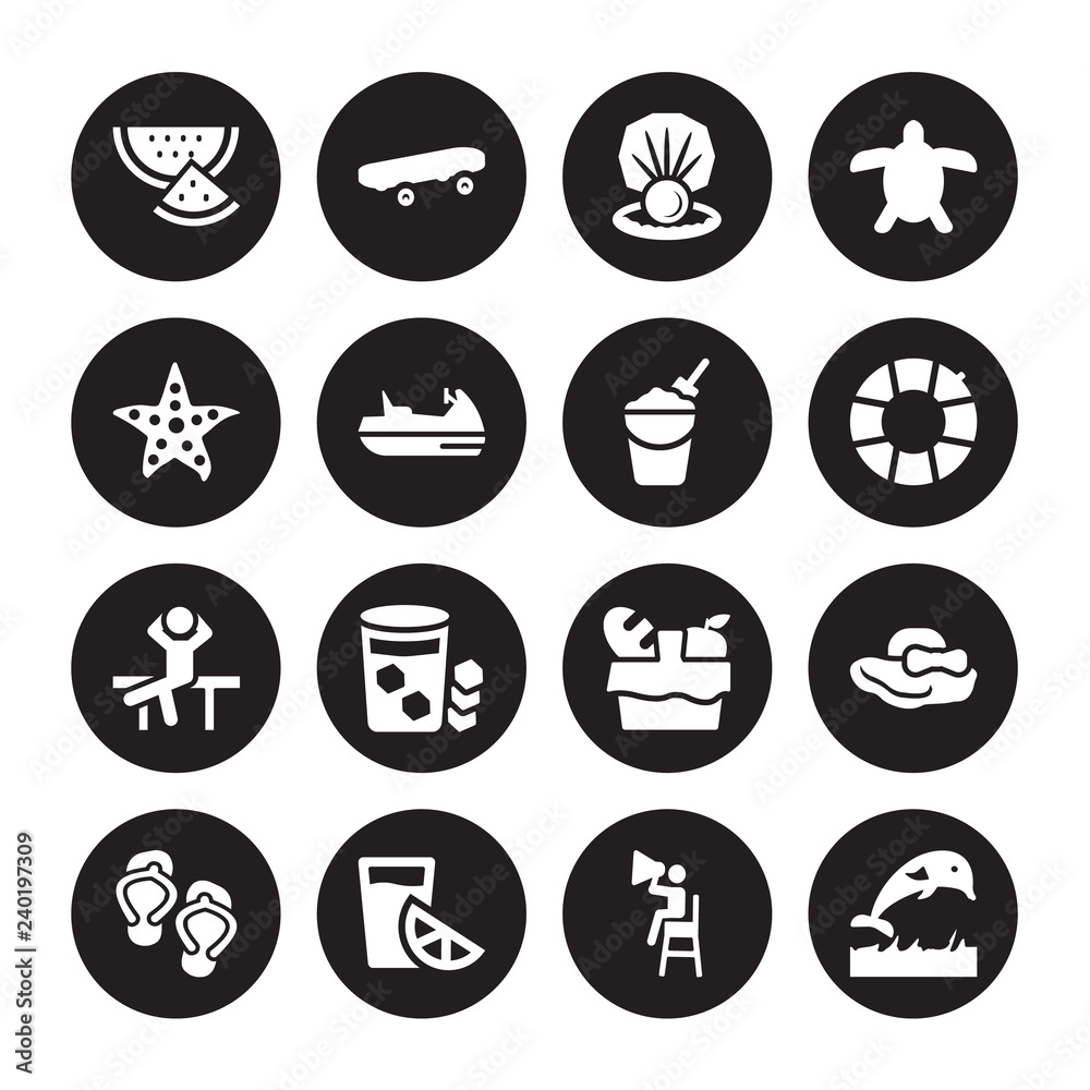 16 vector icon set : Slice of melon, Life guard, Lime juice, Pair flip flops, Pamela hat, Jumping Dolphin, Sea star, Relax, Sand bucket and shovel isolated on black background