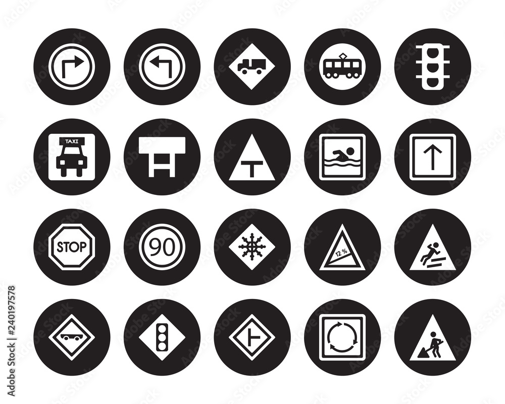 20 vector icon set : Turn right, Roundabout, side road, , Skateboard, Traffic lights, Swimming, Snow, Stop, Tall, Truck isolated on black background 20 vector icon set : Turn right, Roundabout, side road, , Skateboard, Traffic lights, Swimming, Snow, Stop, Tall, Truck isolated on black background
