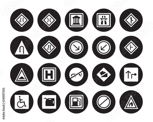 20 vector icon set : Narrow lane, Forbidden, Gas station, Gasoline, Handicap, Merging, Keep left, Horn, Humps, Lane, Museum isolated on black background
