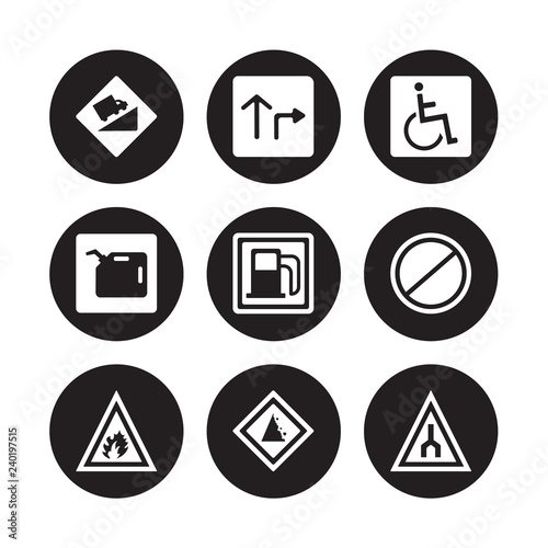 9 vector icon set : Hill, Highway, Fire, Forbidden, Gas station, Handicap, Gasoline, Falling rocks isolated on black background