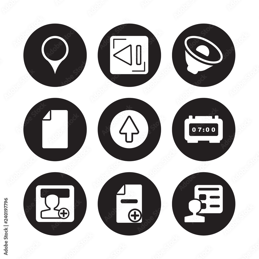 9 vector icon set : tooth, Back, Add user, Alarm clock, Arrow, Audio, Attachment, isolated on black background