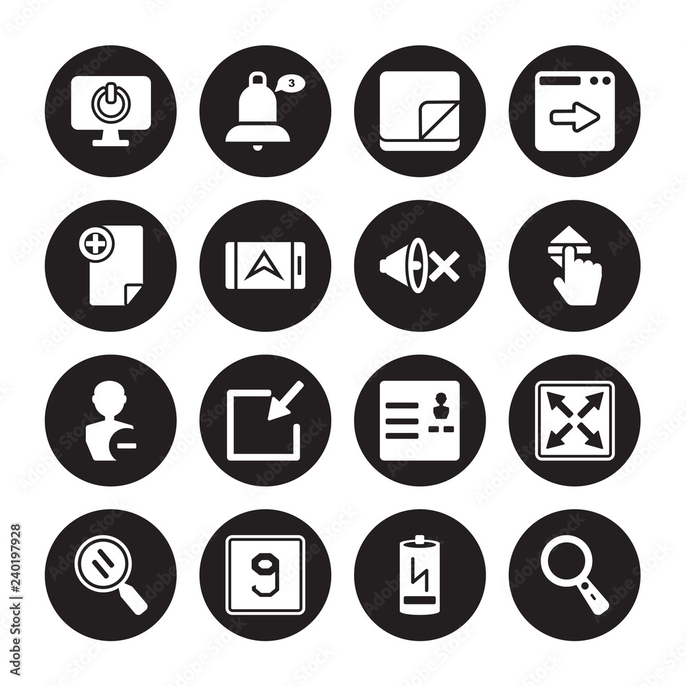 16 vector icon set : Off, Low battery, Lowercase, Magnifying glass, Maximize, Loupe, New File, Minus, Mute isolated on black background