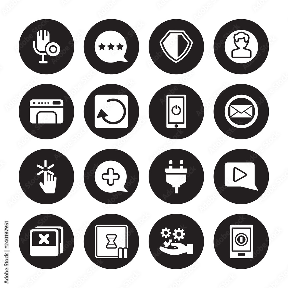 16 vector icon set : Reader, Options, Pause, Photos, Play Button, On, Print, Pointer, Power isolated on black background 16 vector icon set : Reader, Options, Pause, Photos, Play Button, On, Print, Pointer, Power isolated on black background