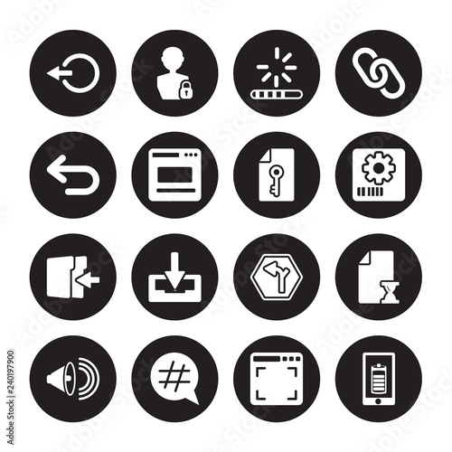 16 vector icon set :, Full screen, Hashtag, High Volume, History, battery, Left arrow, Insert, Key isolated on black background