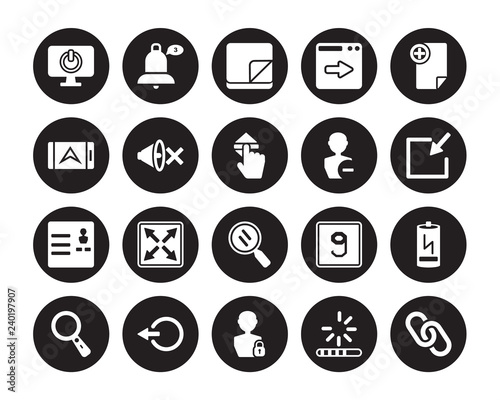 20 vector icon set : Off, Loading, Login, , Loupe, New File, Minus, Magnifying glass, Menu, Mute, Note isolated on black background