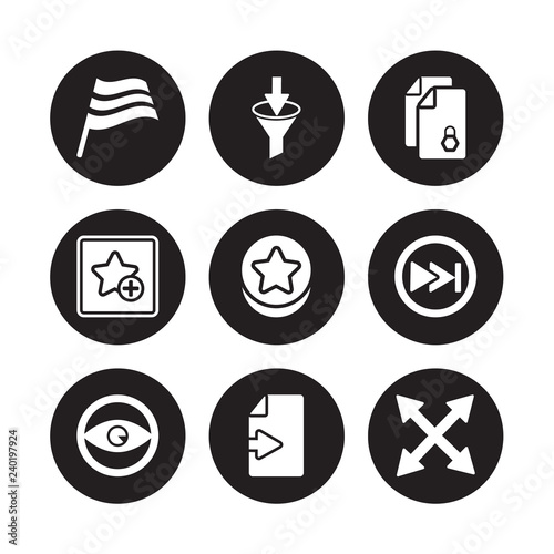 9 vector icon set : Flag, Filter, Eye, Fast forward, Favorites Button, Files, Favourite, Export isolated on black background