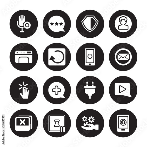 16 vector icon set : Reader, Options, Pause, Photos, Play Button, On, Print, Pointer, Power isolated on black background