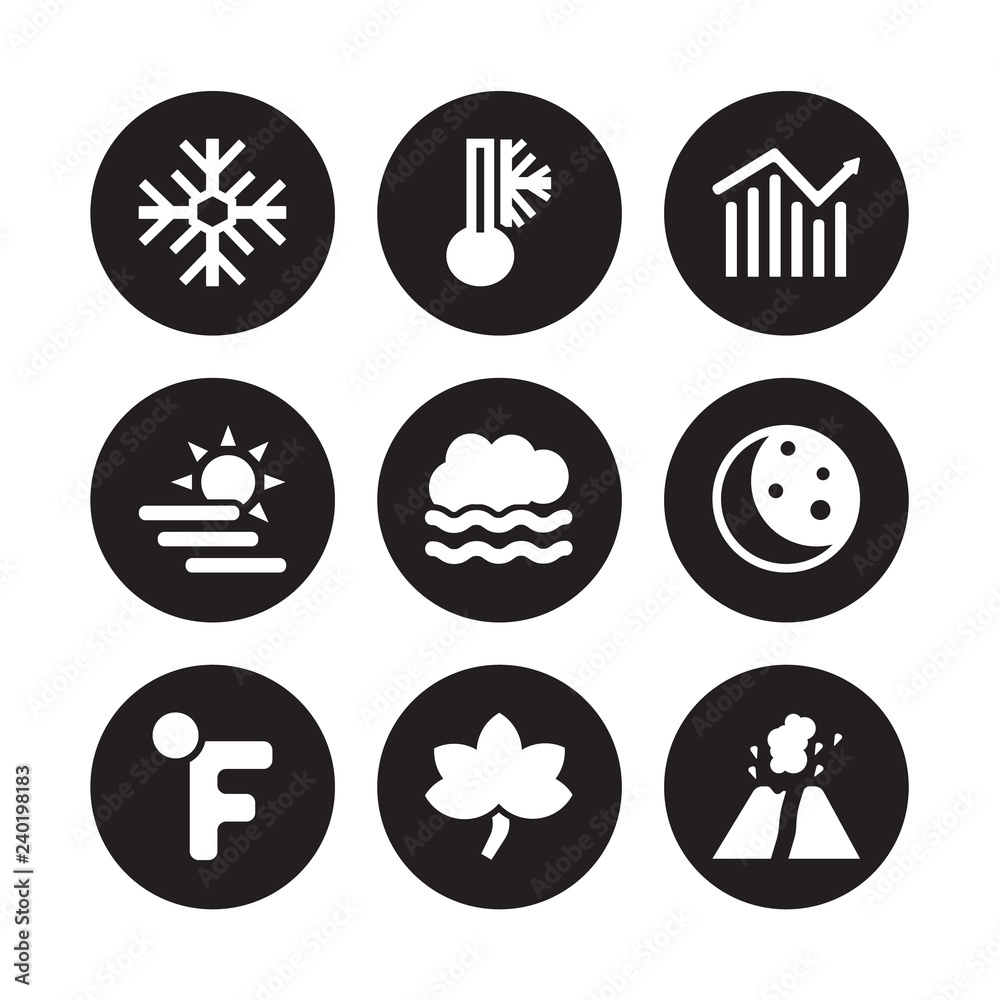 9 vector icon set : Frost, Freezing, Farenheit, First quarter, Foggy, Forecast, Foggy day, fall isolated on black background 9 vector icon set : Frost, Freezing, Farenheit, First quarter, Foggy, Forecast, Foggy day, fall isolated on black background