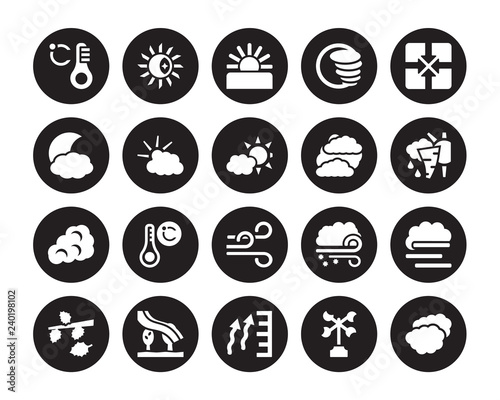 20 vector icon set : degree, Anemometer, atmospheric pressure, Aurora, Autumn, convergence, Clouds, Breeze, Cirrus cumulus, Cloudy Day, Dawn isolated on black background