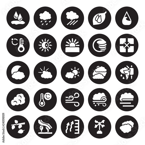 25 vector icon set : Drops, Anemometer, atmospheric pressure, Aurora, Autumn, convergence, Clouds, Breeze, Cirrus cumulus, degree, Downpour, Drizzle isolated on black background.