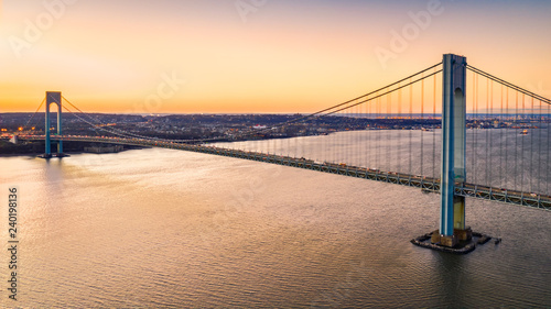Aerial view of Verrazzano Narrows Bridge at sunset, as viewed from Brooklyn, NY photo