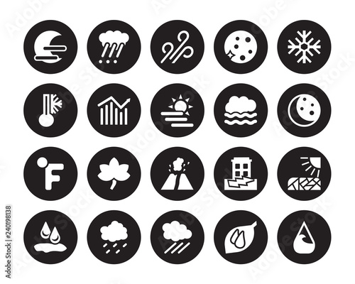20 vector icon set : Haze, dew, Downpour, Drizzle, Drops, Frost, Foggy, Eruption, Farenheit, Forecast, Gust isolated on black background