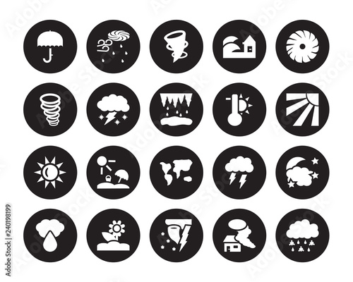 20 vector icon set : Umbrella, Smog, Snow storms, Spring, Sprinkle weather, tropical storm, Temperature, subtropical climate, Sunny, Thundersnow, twilight isolated on black background