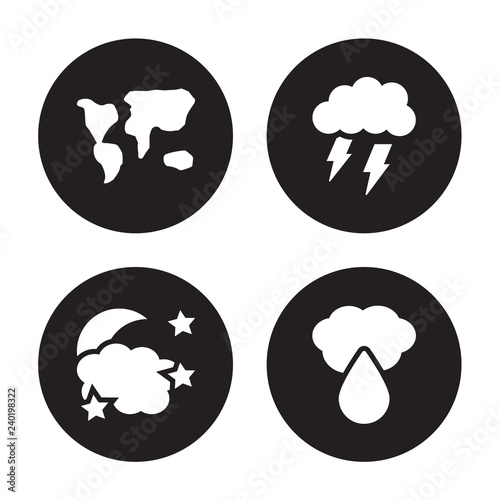 4 vector icon set : subtropical climate, Starry night, Stormy, Sprinkle weather isolated on black background