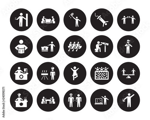 20 vector icon set : Cigarette, Aquarium, Arrest, Baccarat, Baking, Brewing, Bird watching, Ballerina, Bead, Boggle, Butterfly catcher isolated on black background