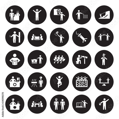 25 vector icon set : Cooking, Aquarium, Arrest, Baccarat, Baking, Brewing, Bird watching, Ballerina, Bead, Cigarette, Coloring, Comic isolated on black background.