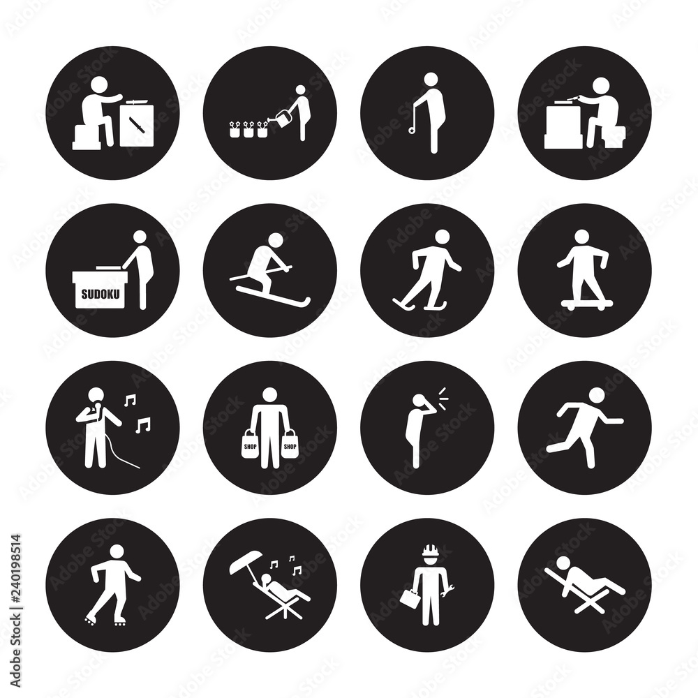 16 vector icon set : Knife making, Repairing, Resting, Rollerblade, Running, Relaxing, Sudoku, Singing, Skating isolated on black background 16 vector icon set : Knife making, Repairing, Resting, Rollerblade, Running, Relaxing, Sudoku, Singing, Skating isolated on black background