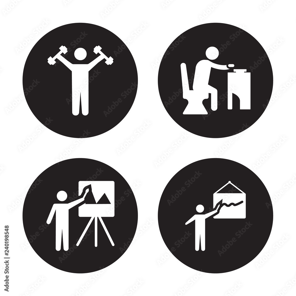4 vector icon set : Exercising, Easel, Eating, Drawing isolated on black background 4 vector icon set : Exercising, Easel, Eating, Drawing isolated on black background