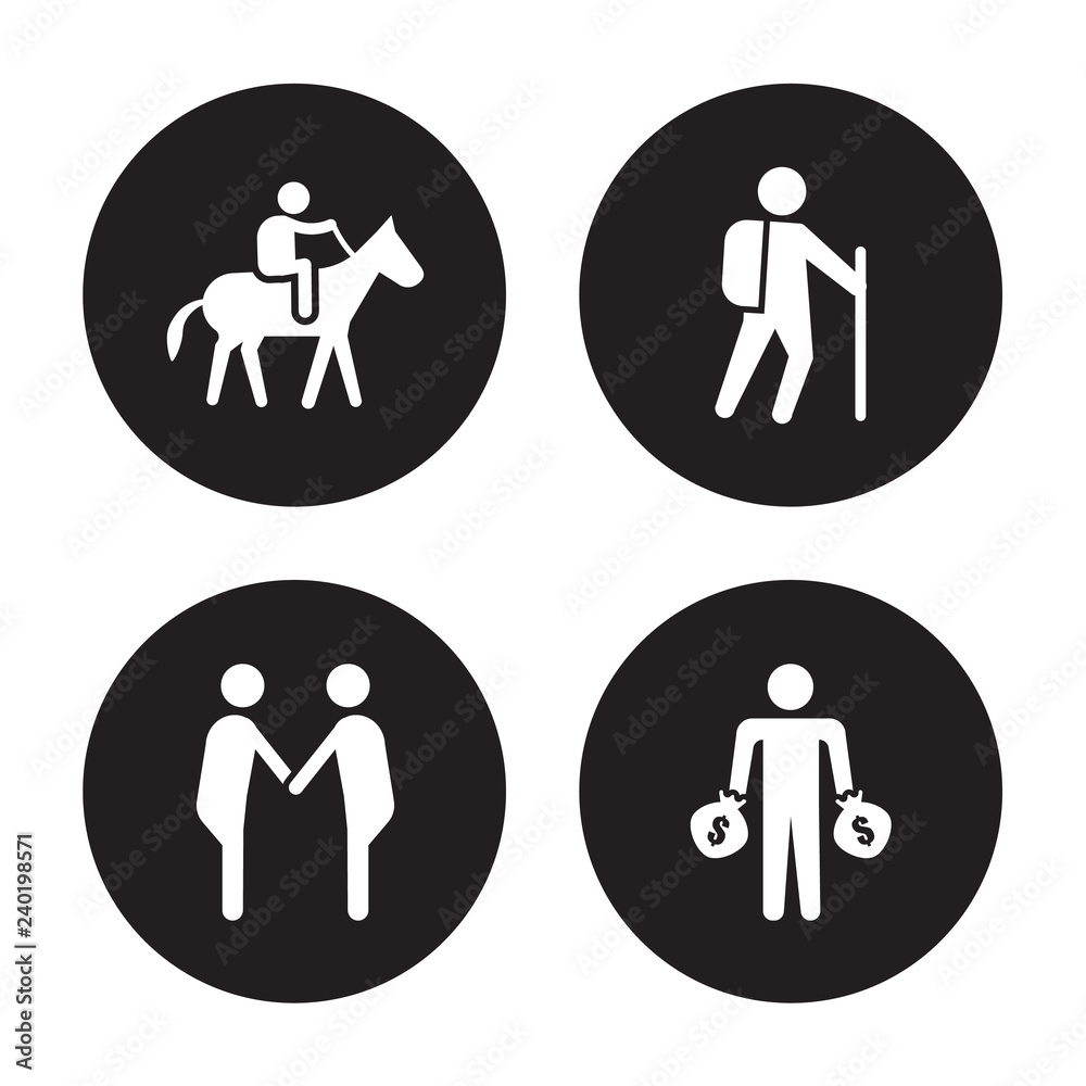 4 vector icon set : Horse riding, Greeting, Hiking, Greedy isolated on black background 4 vector icon set : Horse riding, Greeting, Hiking, Greedy isolated on black background