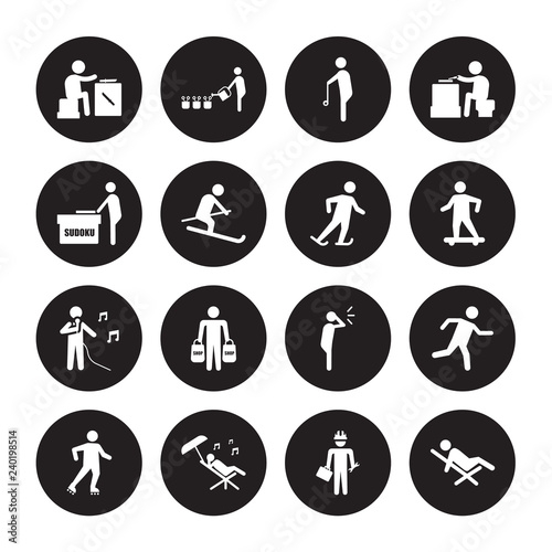16 vector icon set : Knife making, Repairing, Resting, Rollerblade, Running, Relaxing, Sudoku, Singing, Skating isolated on black background