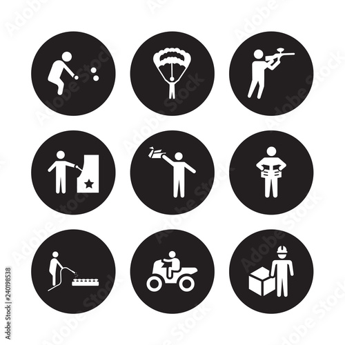 9 vector icon set : Petanque, Parachuting, Mushrooming, Newspaper readign, Origami, Paintball, Pachinko, Motorcycle riding isolated on black background