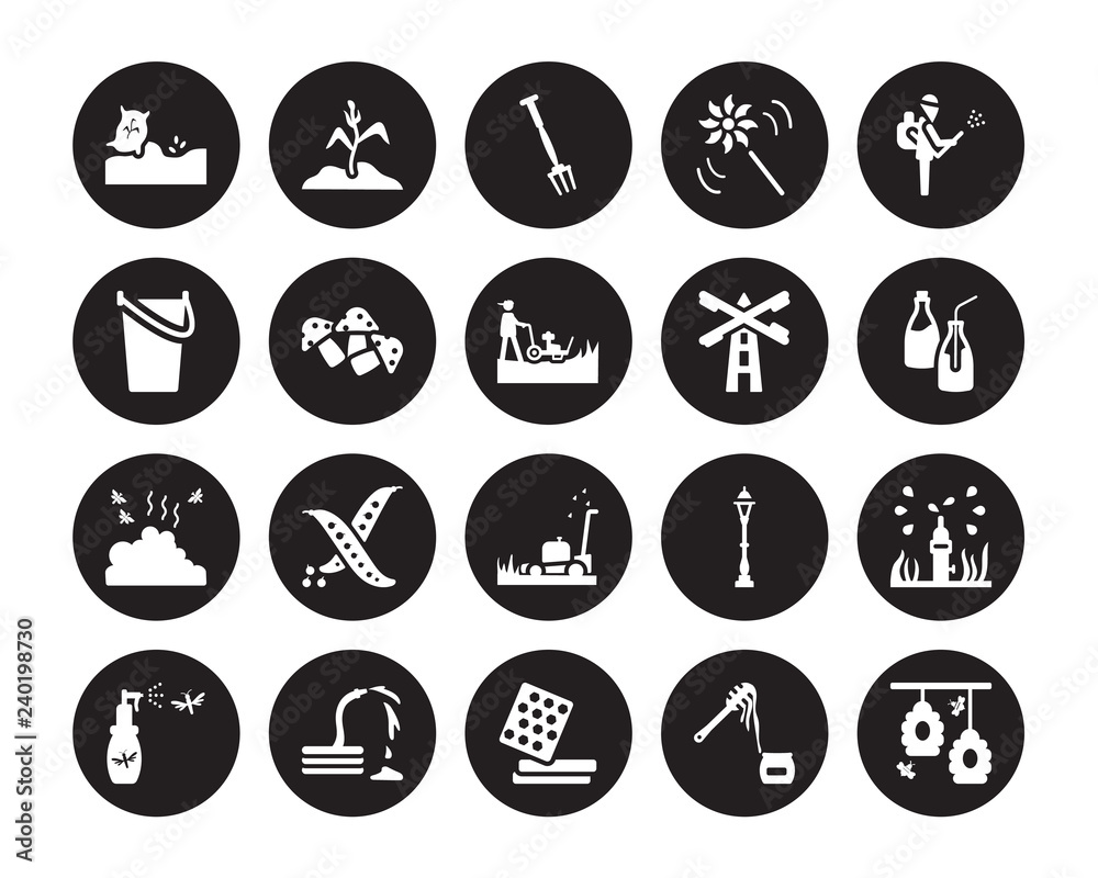 20 vector icon set : plant Seeds, Honey, Honeycomb, Hose, Insecticide, Pesticide, Mill, Lawn mower, Manure, Mushroom, Pitchfork isolated on black background 20 vector icon set : plant Seeds, Honey, Honeycomb, Hose, Insecticide, Pesticide, Mill, Lawn mower, Manure, Mushroom, Pitchfork isolated on black background