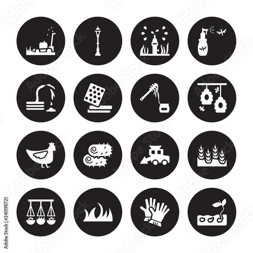 16 vector icon set : Lawn mower, Gloves, Grass, Hanging pot, Harvest, Germination, Hose, Hen, Honey isolated on black background