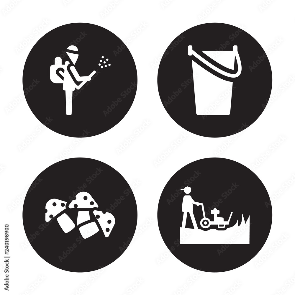 4 vector icon set : Pesticide, Mushroom, Pail, Mower isolated on black background 4 vector icon set : Pesticide, Mushroom, Pail, Mower isolated on black background