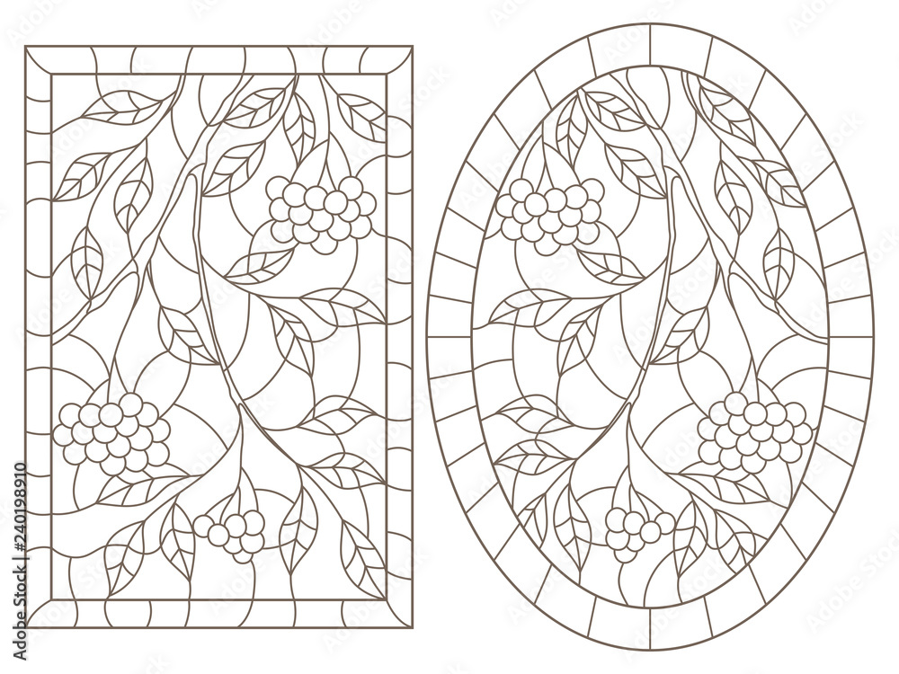 A set of contour illustrations of stained glass Windows with branches, leaves and berries of Rowan, dark contours on a white background, rectangular and oval image