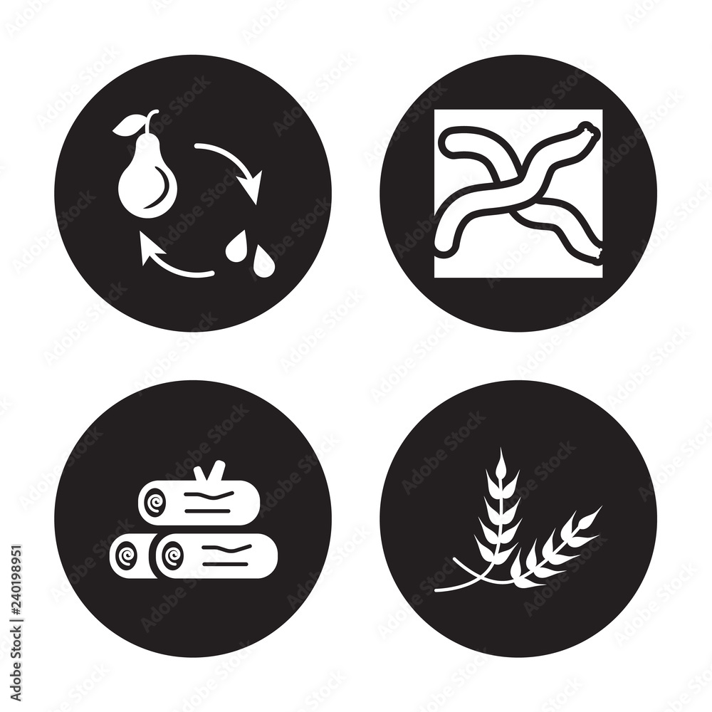 4 vector icon set : crop rotation, wood logs, Worm, Wheat isolated on black background 4 vector icon set : crop rotation, wood logs, Worm, Wheat isolated on black background