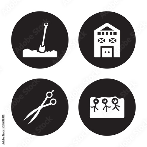 4 vector icon set : Shovel, Shears, Shed, Seed isolated on black background